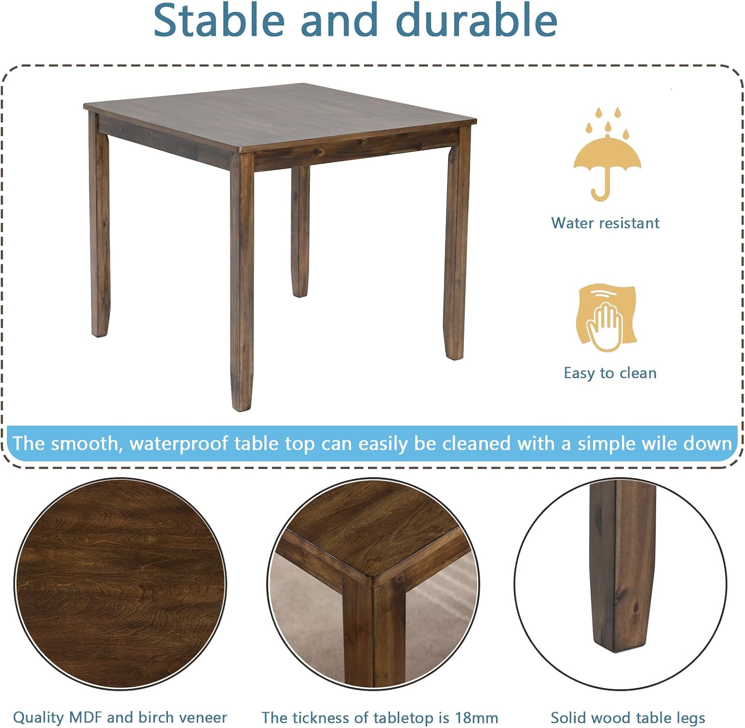 34.5" Square Walnut Dining Table For 4 People