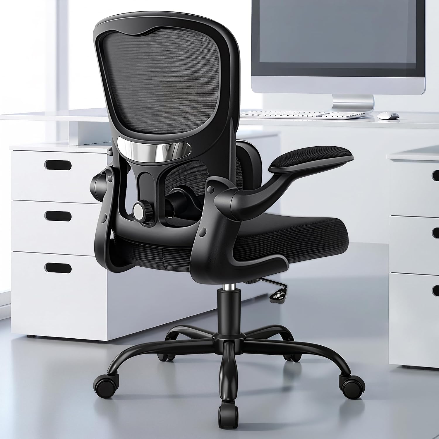 Mesh Office Chair Flip-up Armrest 300lbs Black Upgrade