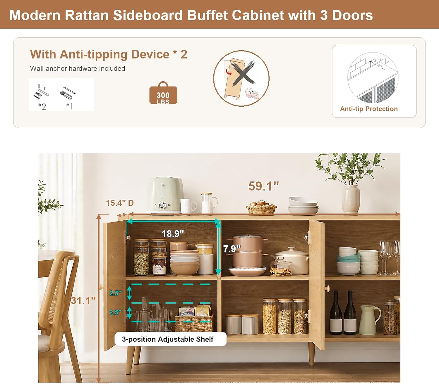 Boho Rattan Sideboard 3 Doors Storage Cabinet