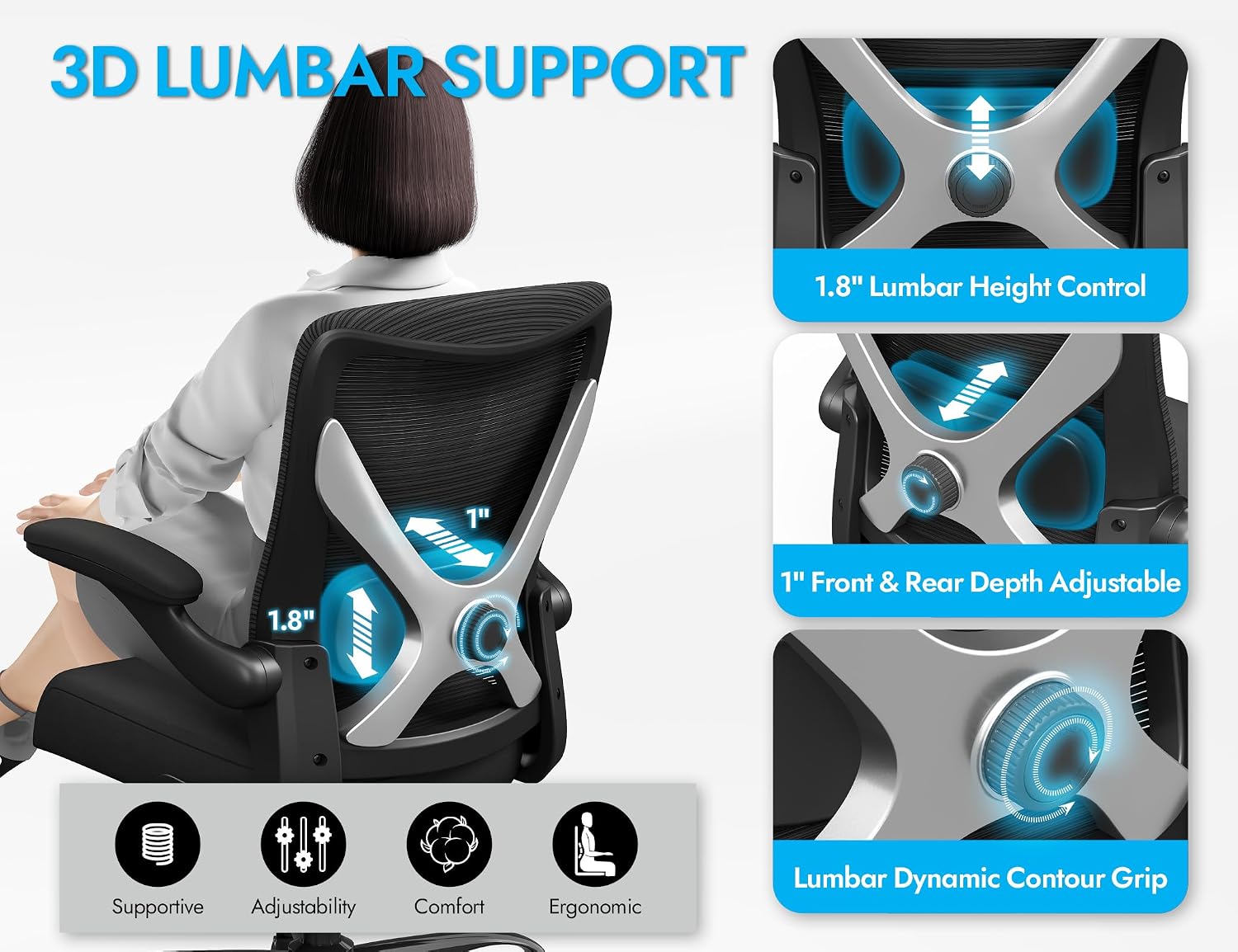 330LBS Mesh Ergonomic Office Chair 3D Lumbar Swivel