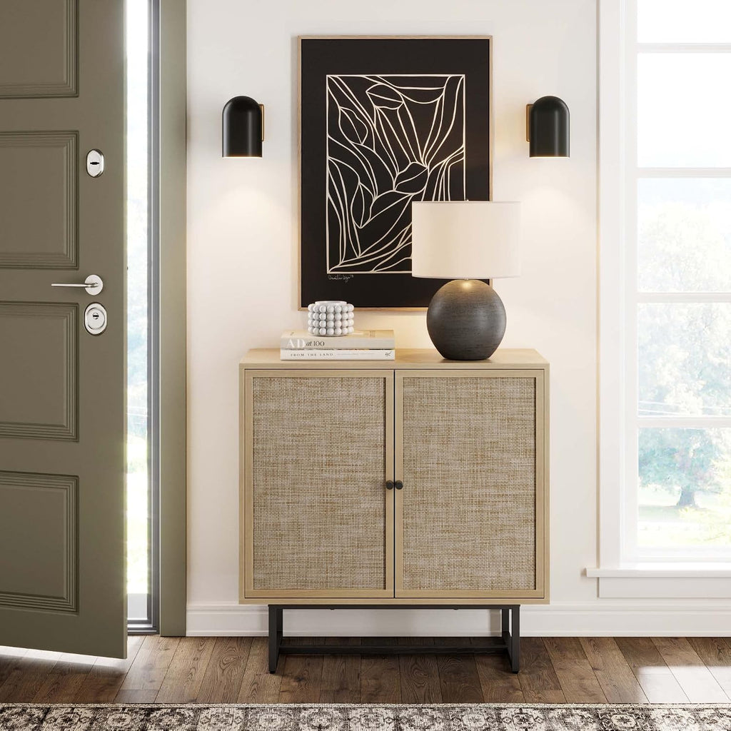 Rattan Sideboard Light Oak Black Frame