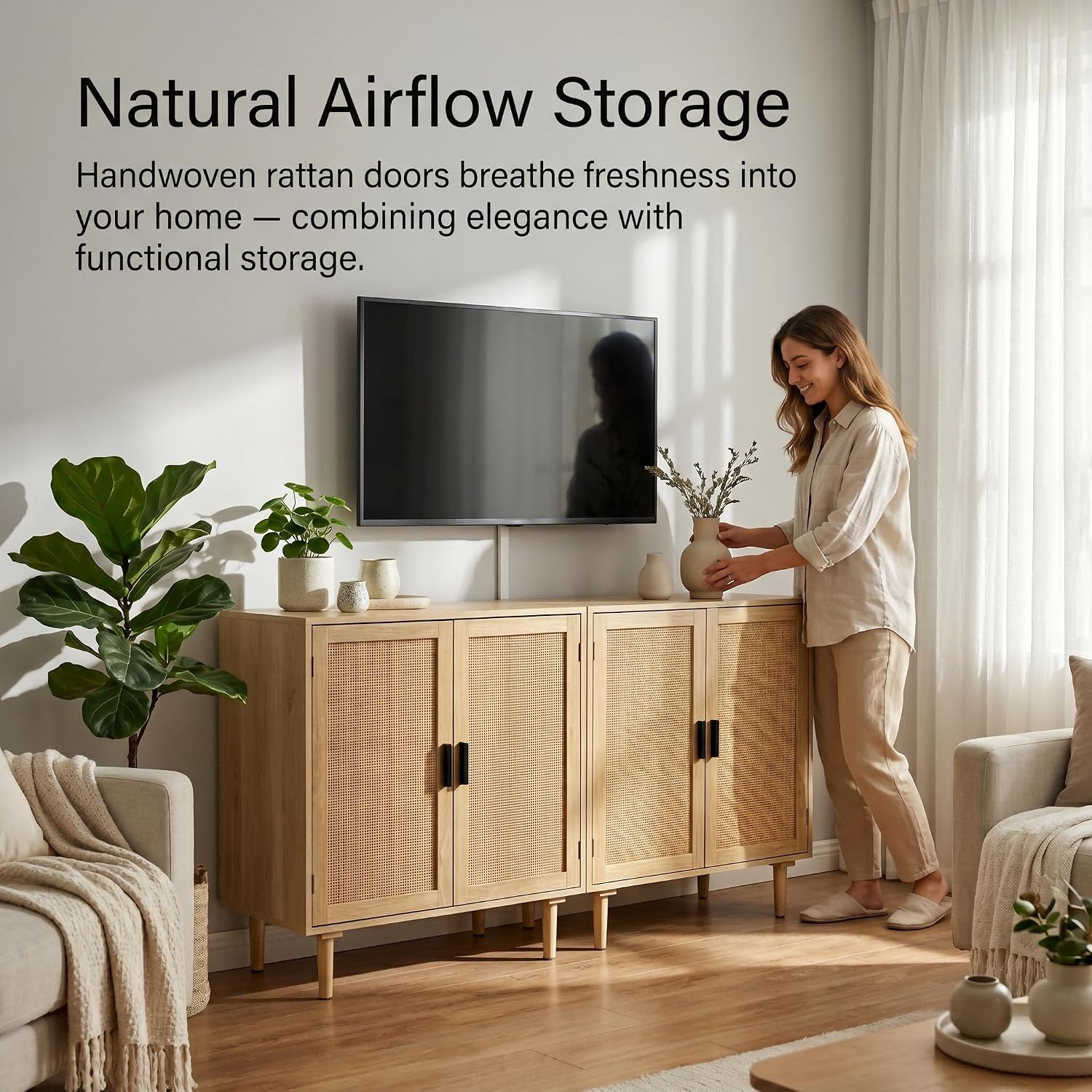 Natural Rattan Sideboard Storage Cabinet