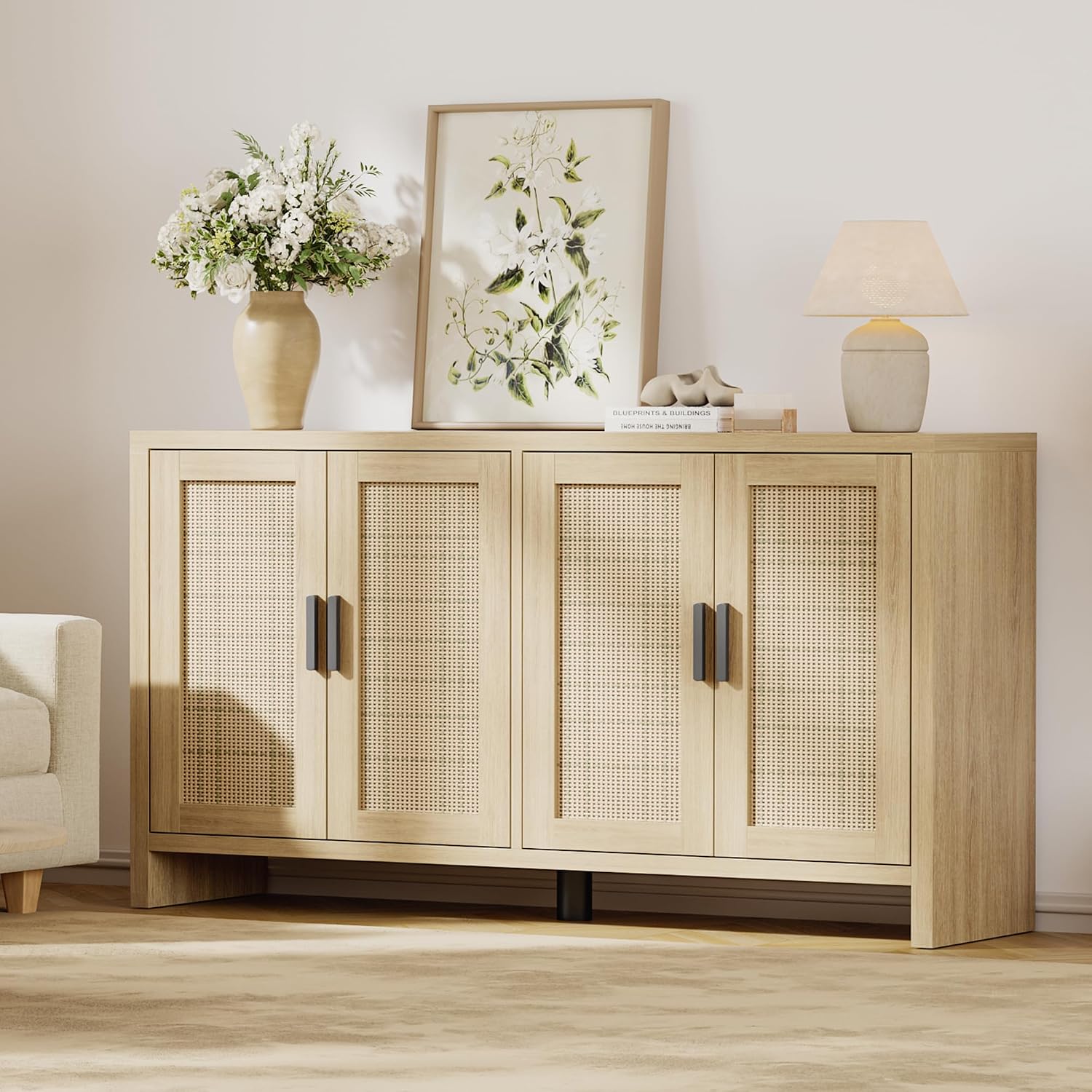 Oak Rattan Sideboard Storage Cabinet
