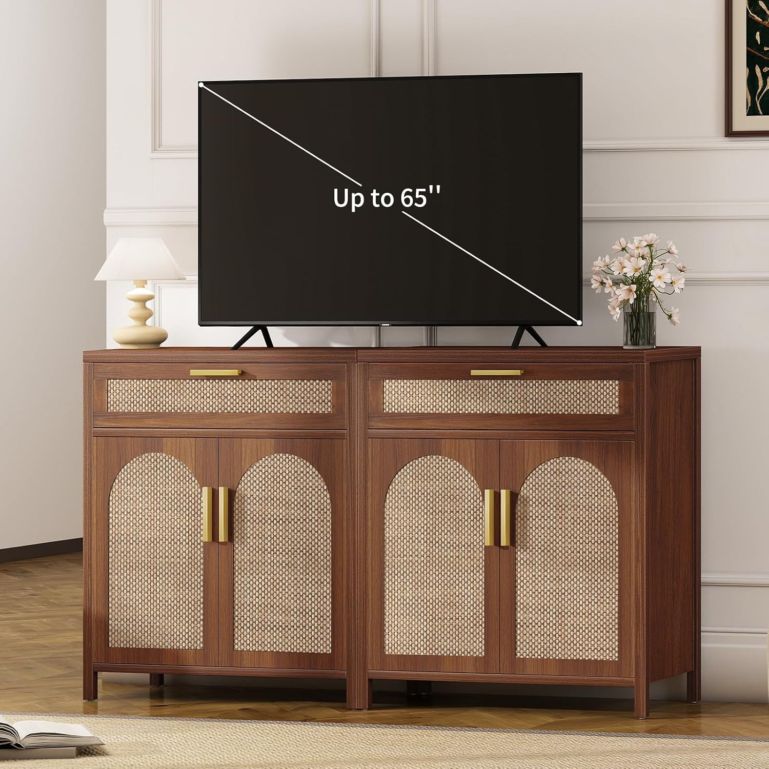 Farmhouse Rattan Sideboard Walnut With Drawers