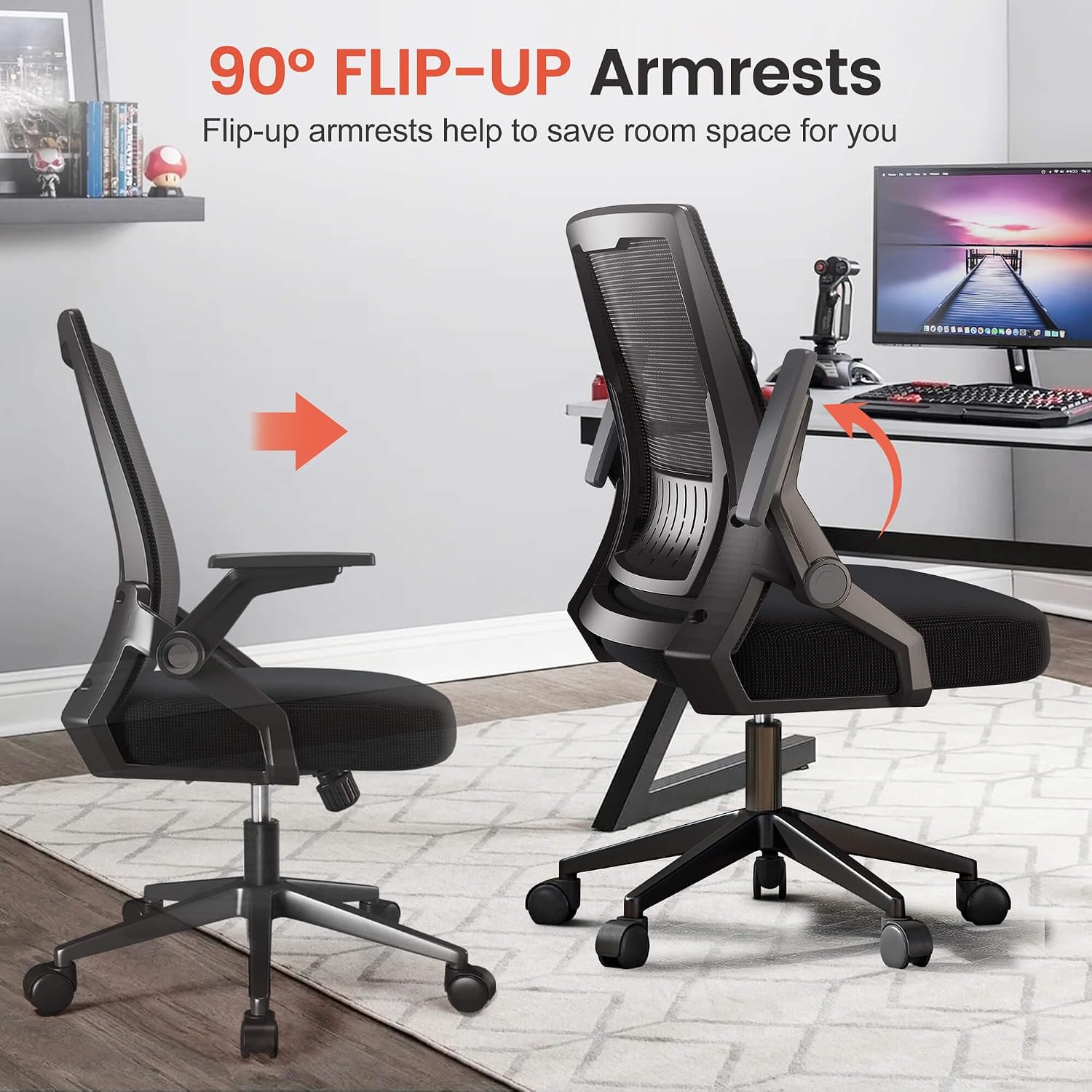 Mesh Office Chair Flip-up Armrest Lumbar Support Black