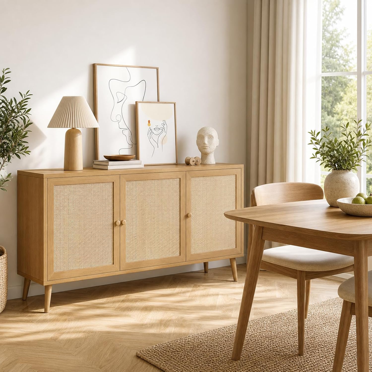 Boho Rattan Sideboard 3 Doors Storage Cabinet