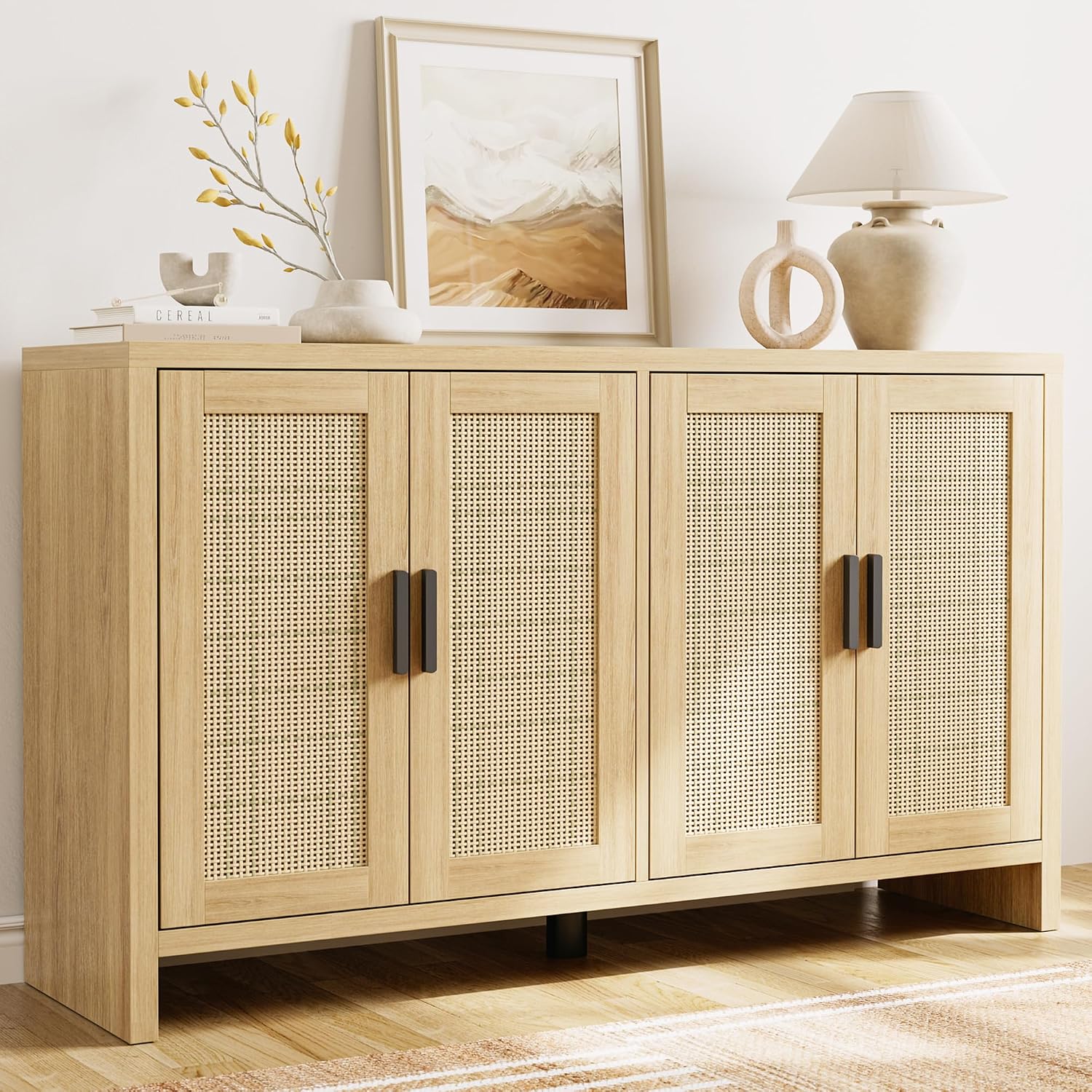 Oak Rattan Sideboard Storage Cabinet