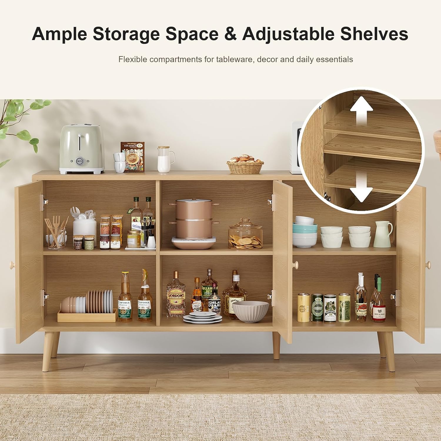 Boho Rattan Sideboard 3 Doors Storage Cabinet