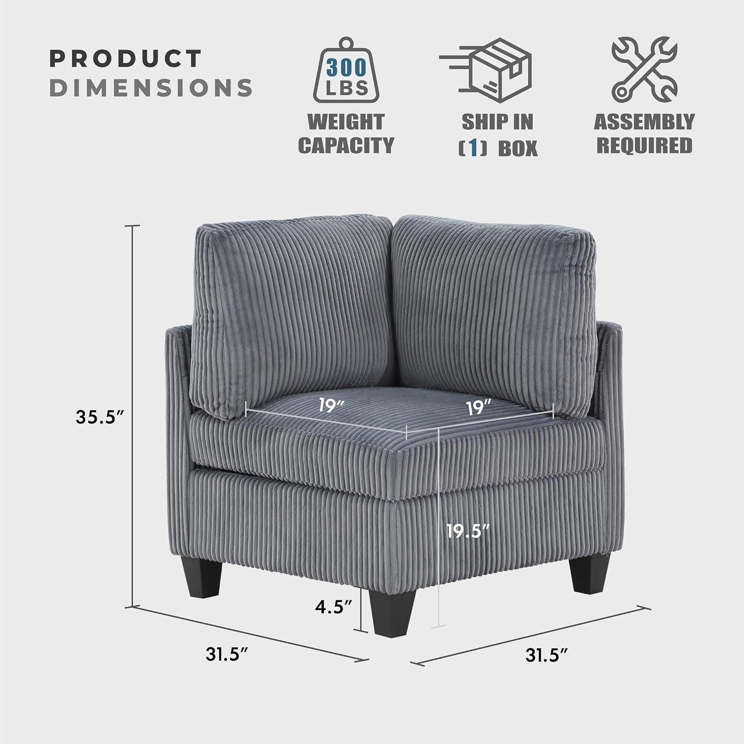 Grey Corduroy Modular Sectional Sofa With Storage