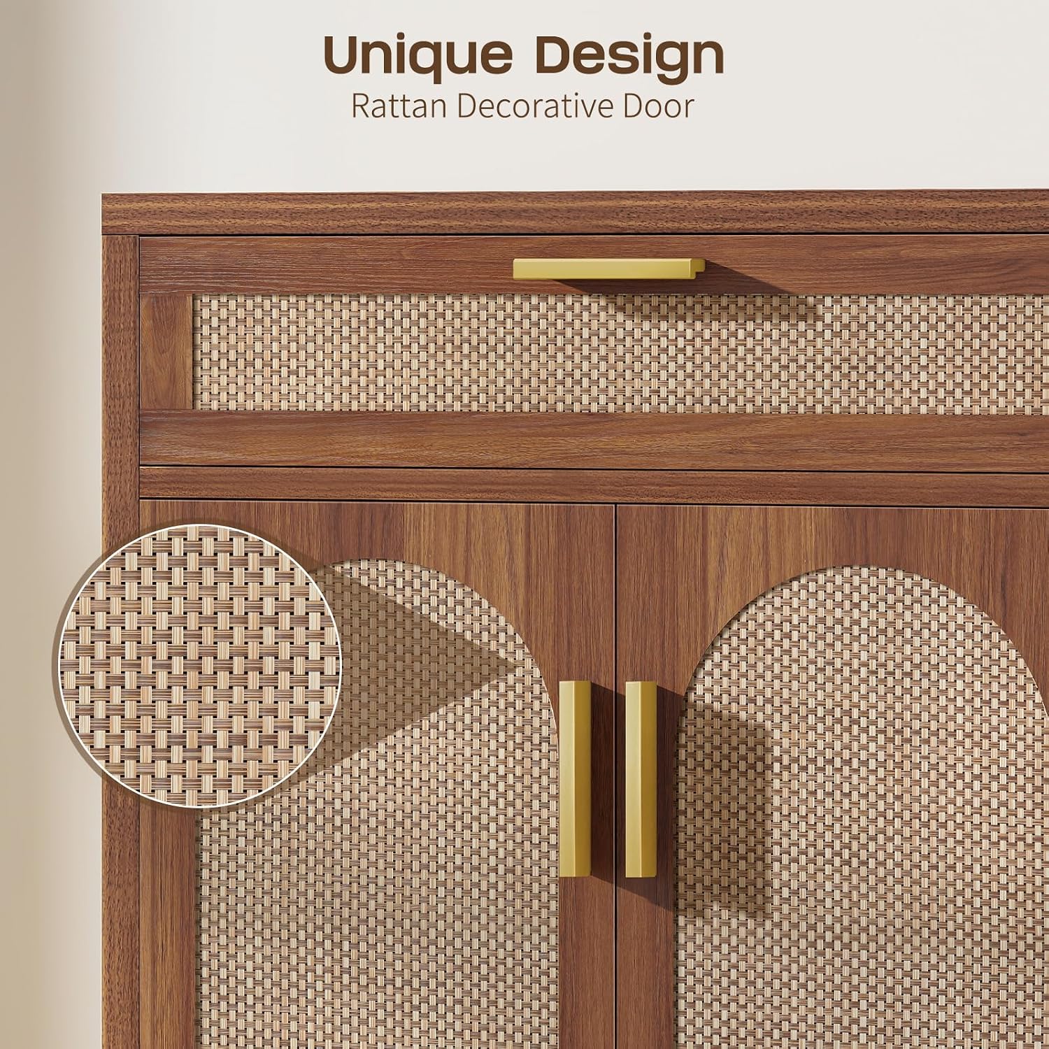 Farmhouse Rattan Sideboard Walnut With Drawers