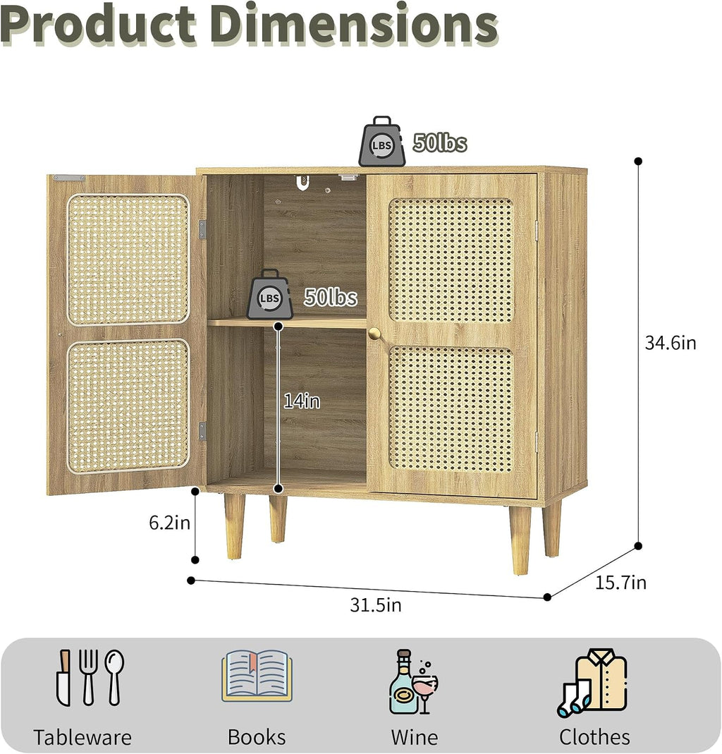 Boho Rattan Sideboard 2 Magnetic Doors Storage