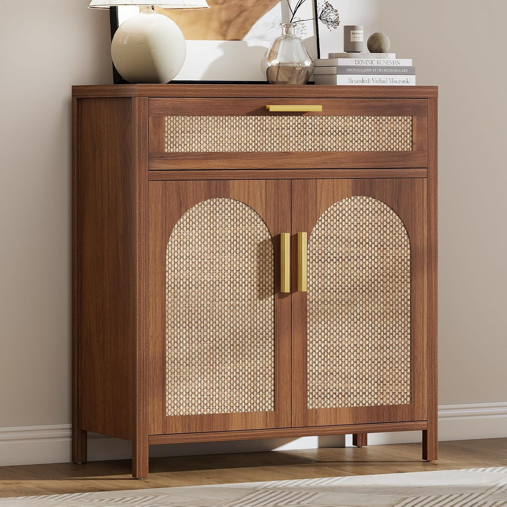 Farmhouse Rattan Sideboard Walnut With Drawers