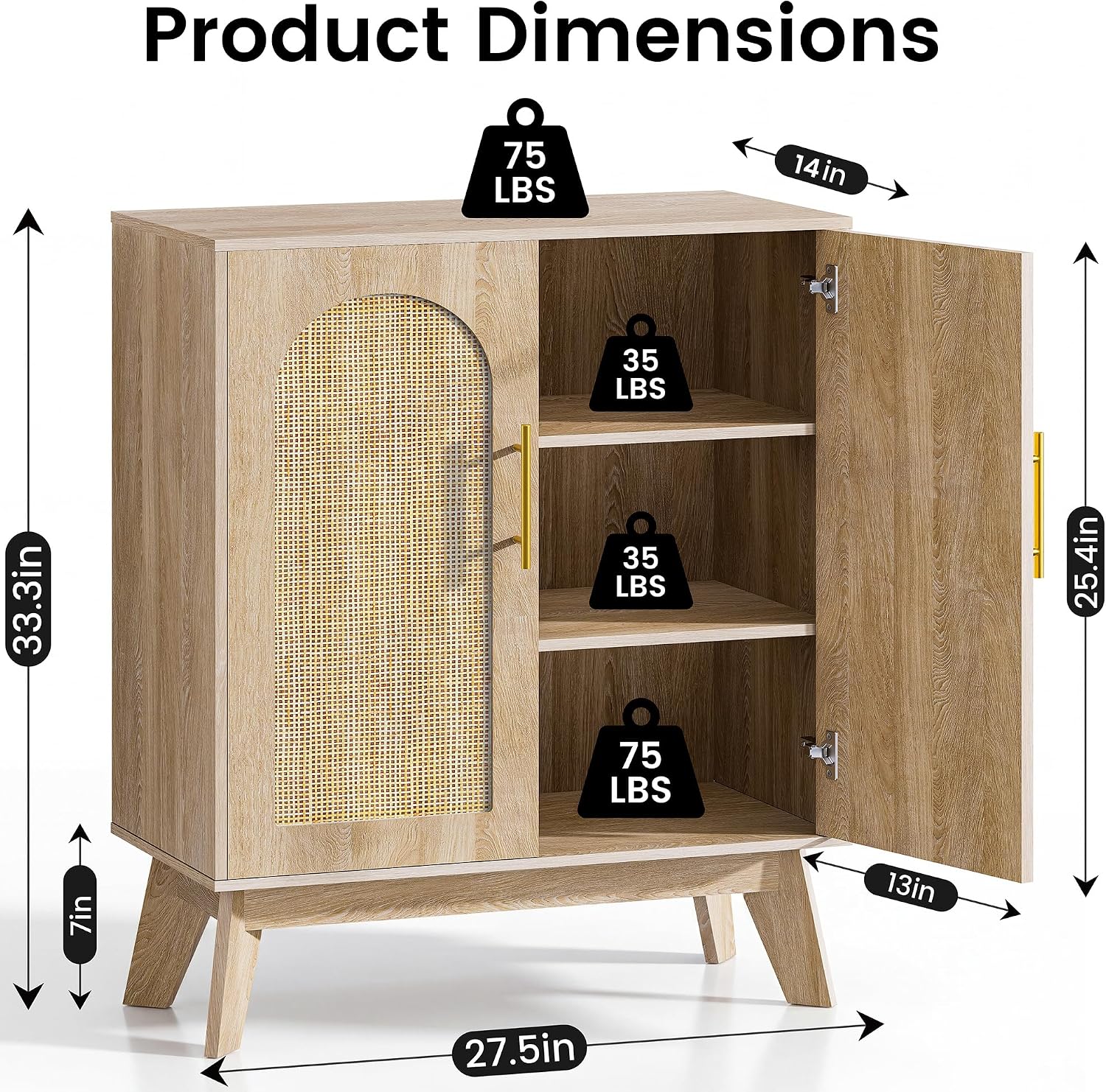 Rattan Sideboard Arched Doors Storage Cabinet Natural