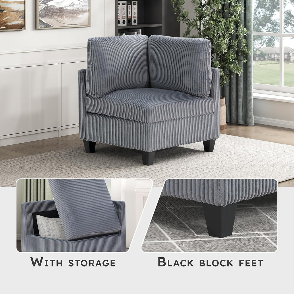 Grey Corduroy Modular Sectional Sofa With Storage