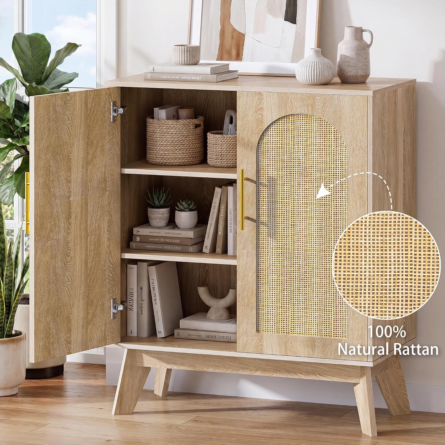 Rattan Sideboard Arched Doors Storage Cabinet Natural