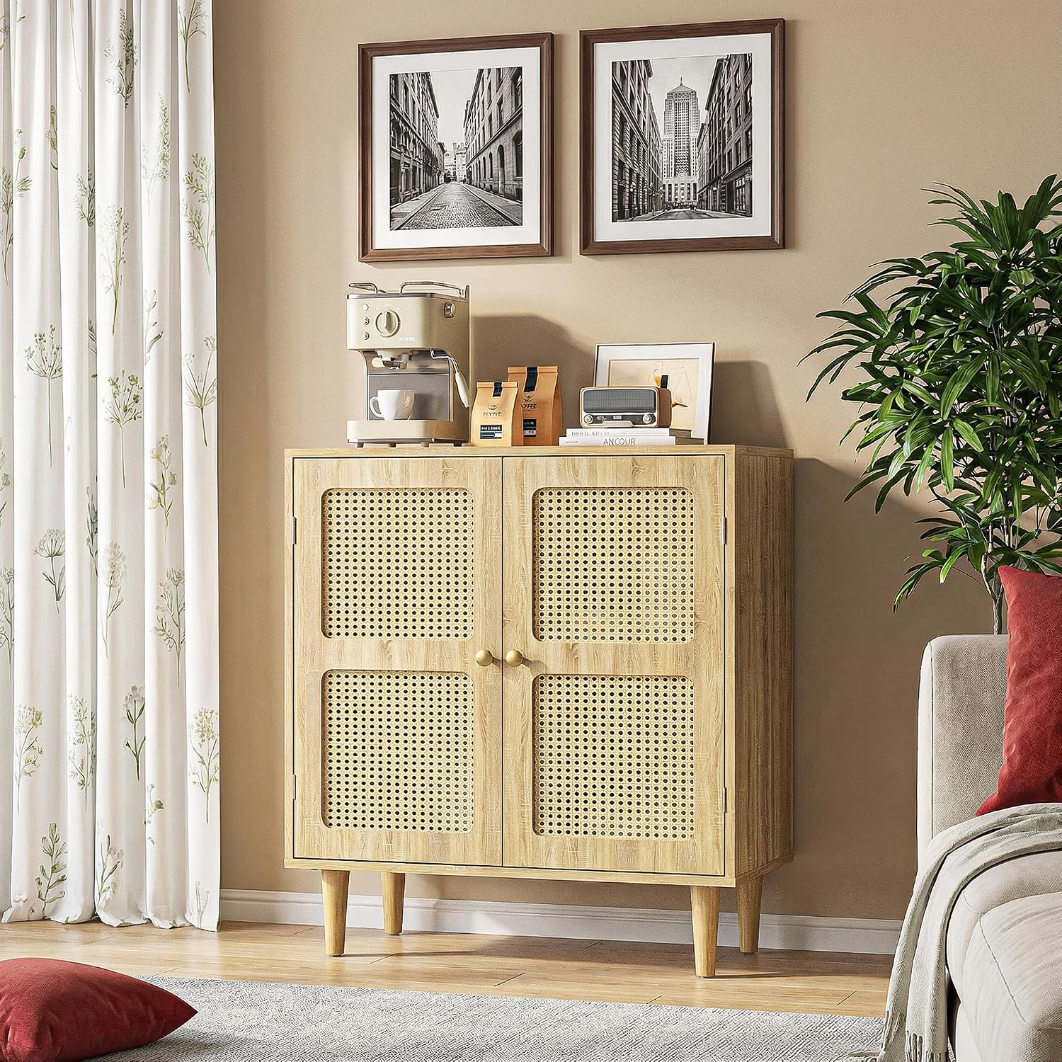 Boho Rattan Sideboard 2 Magnetic Doors Storage