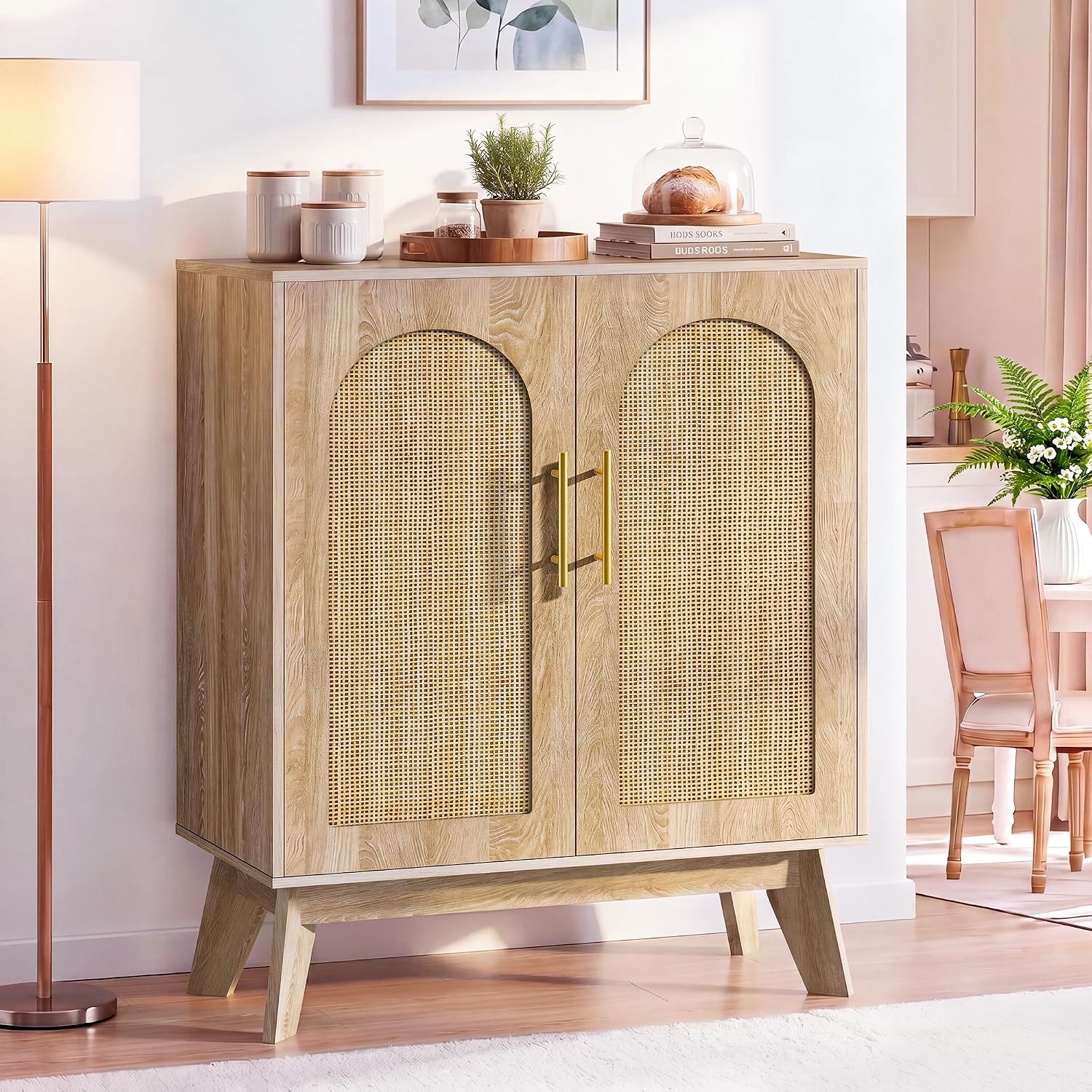 Rattan Sideboard Arched Doors Storage Cabinet Natural